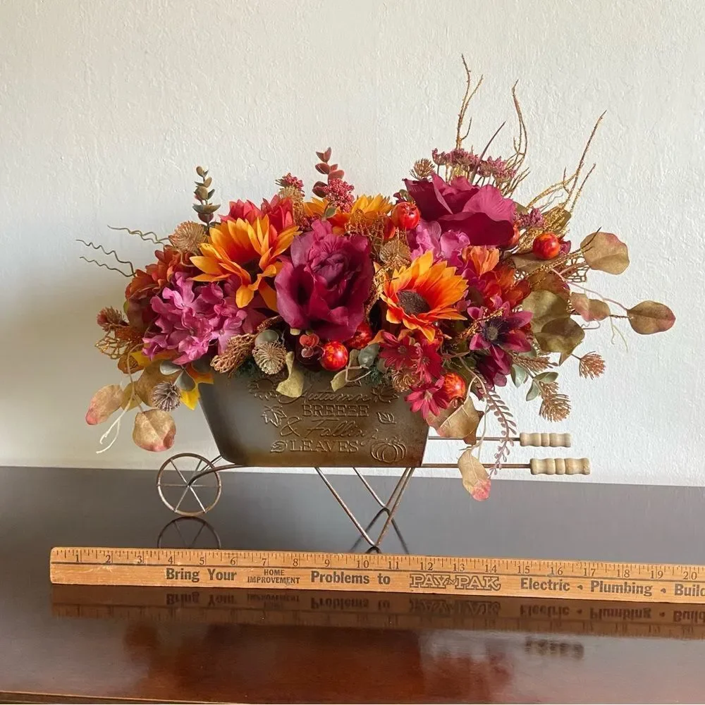 Faux Floral Bouquet In Garden Cart With Pink Roses
